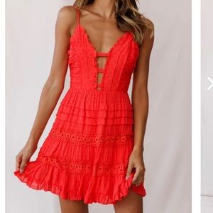 Selfie Leslie Riley Deep V-Neck Ruffle Detail Dress Red